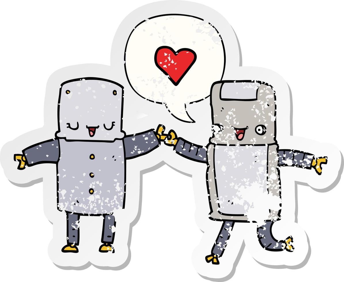 cartoon robots in love and speech bubble distressed sticker vector
