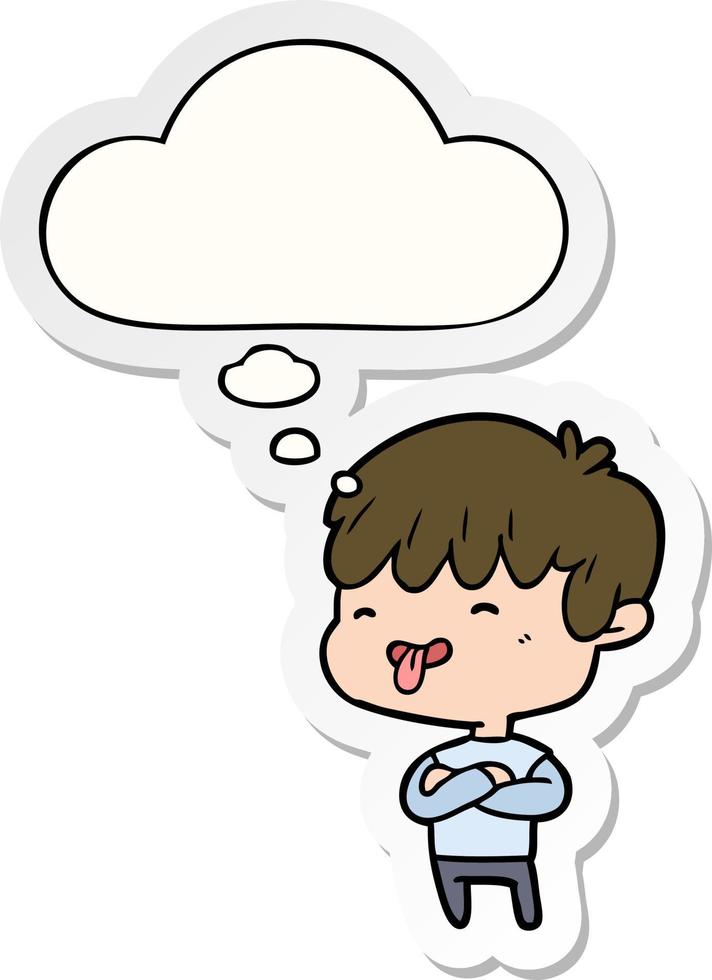 cartoon boy sticking out tongue and thought bubble as a printed sticker vector