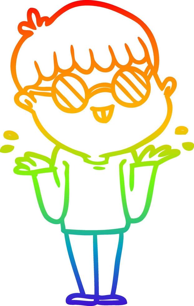rainbow gradient line drawing cartoon boy wearing spectacles vector