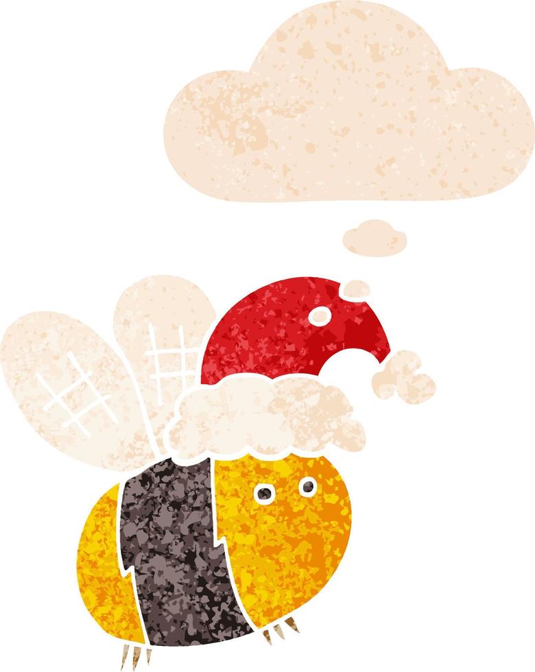 cute cartoon bee wearing christmas hat and thought bubble in retro textured style vector