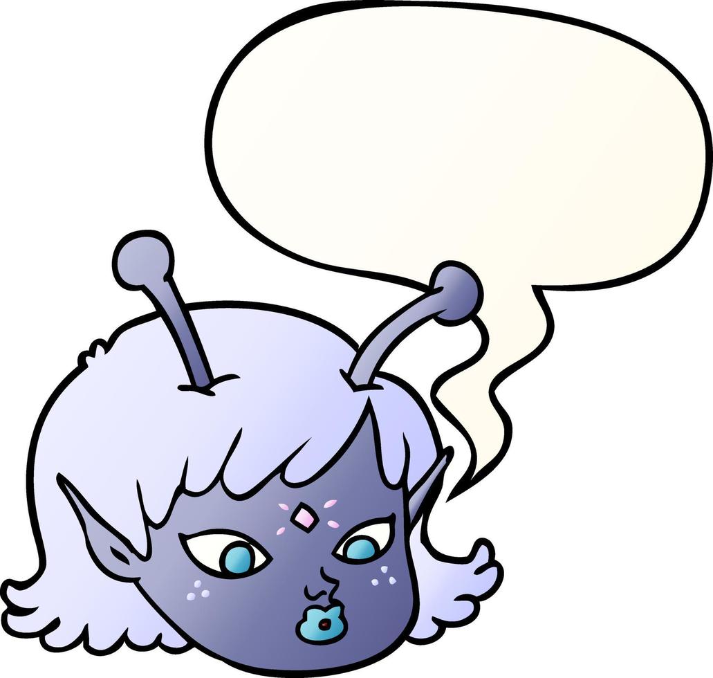 cartoon alien space girl face and speech bubble in smooth gradient style vector
