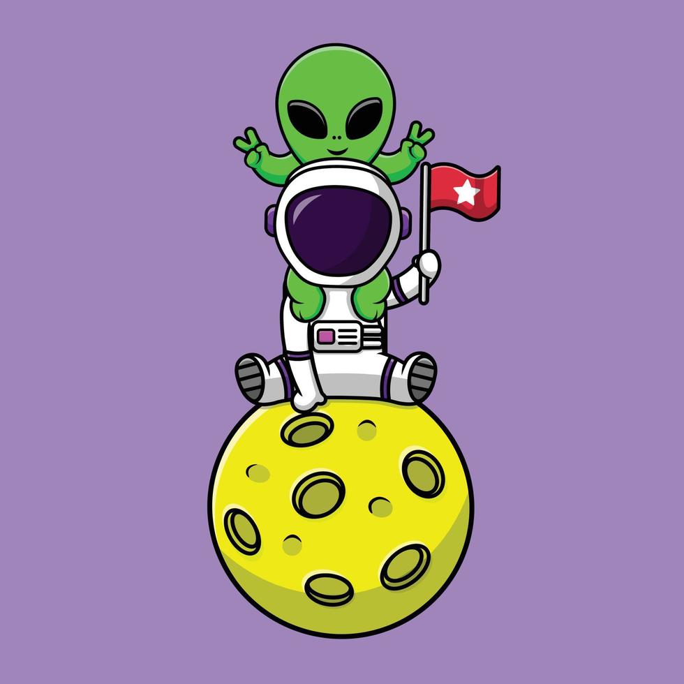 lindo astronauta con extraterrestre en la ilustración del icono del vector de dibujos animados de la luna. ciencia tecnología icono concepto aislado vector premium.