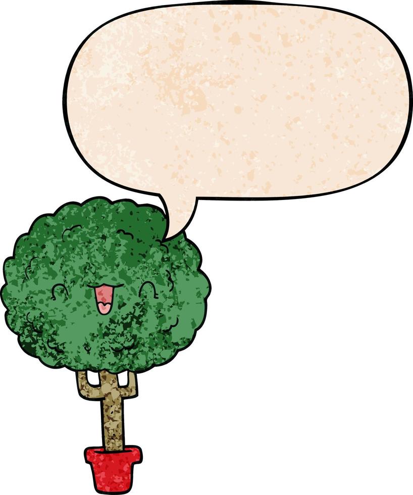 cartoon happy tree and speech bubble in retro texture style vector