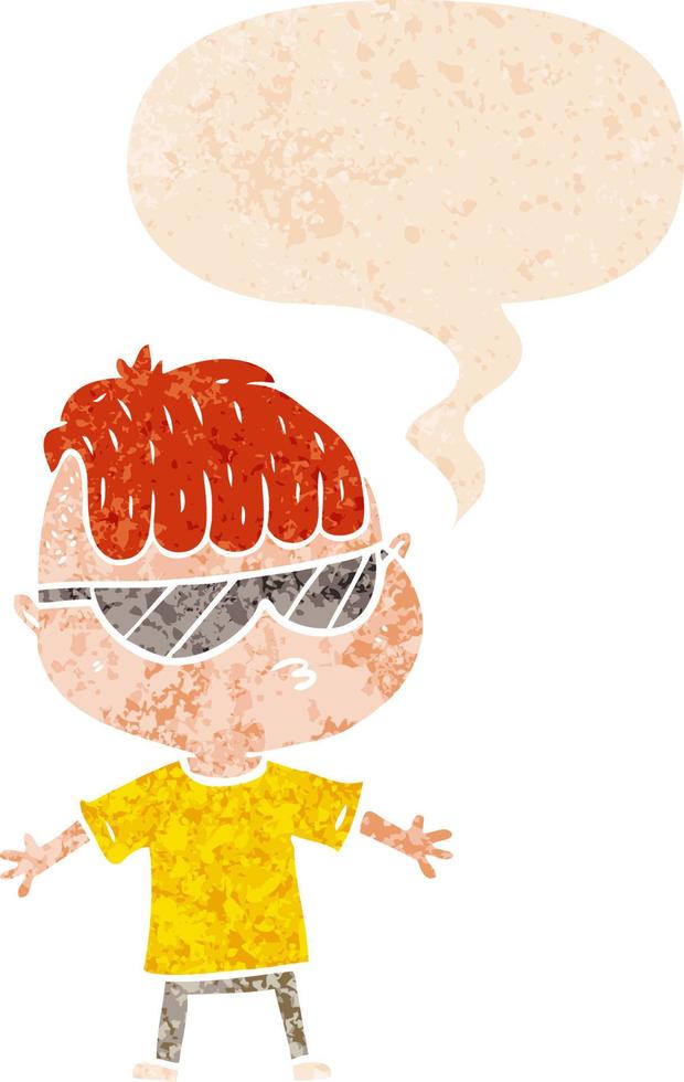 niño de dibujos animados con gafas de sol y burbujas de habla en estilo retro texturizado vector