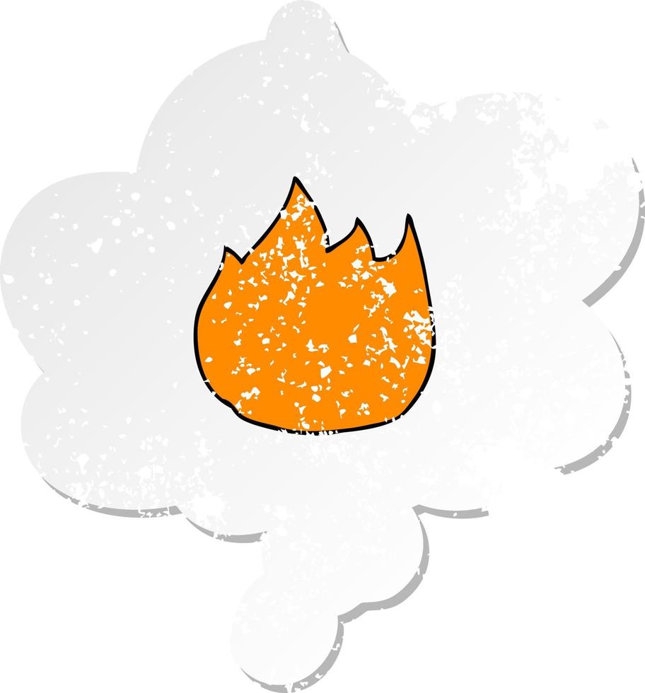 cartoon fire and thought bubble as a distressed worn sticker vector