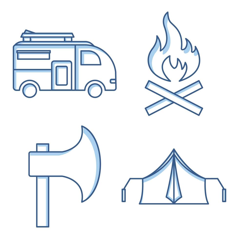 Camping set icon. Contains such icons as Camping car, Bonfire, Ax, tent. Two tone icon style. Simple design editable vector