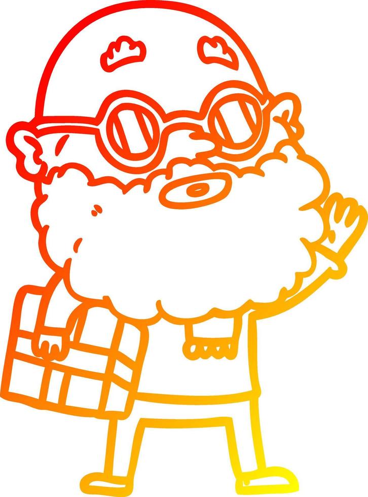 warm gradient line drawing cartoon curious man with beard sunglasses and present vector