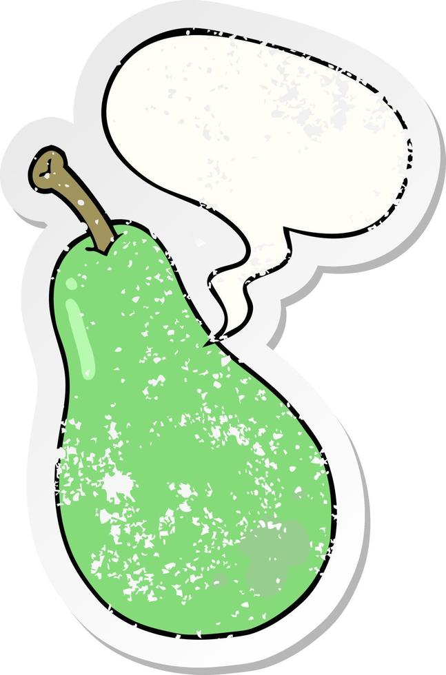 caricatura, pera, y, burbuja del discurso, pegatina angustiada vector