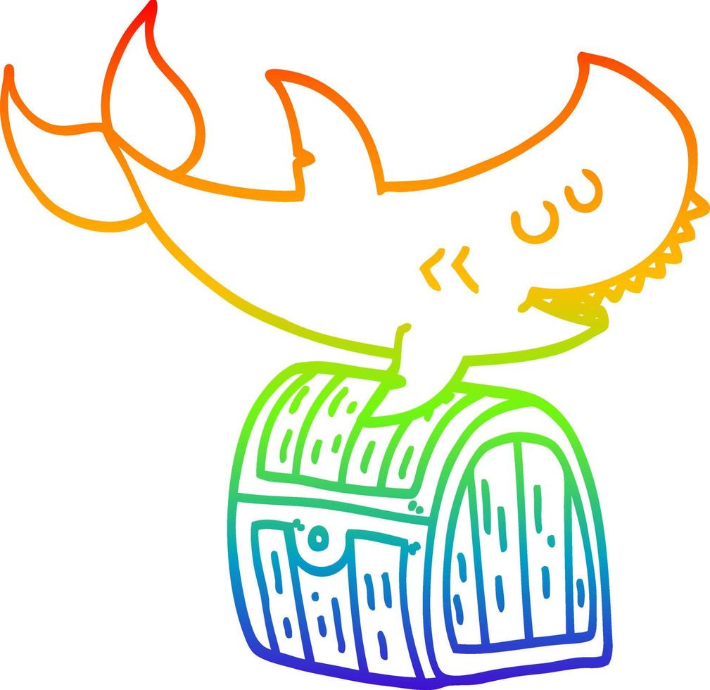 dibujo de línea de gradiente de arco iris tiburón de dibujos animados nadando sobre el cofre del tesoro vector