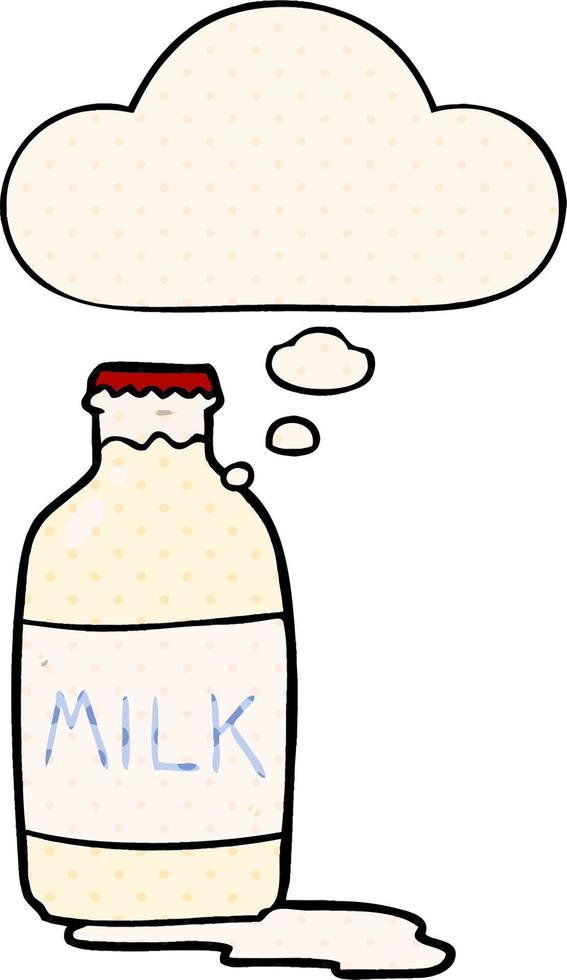 cartoon milk bottle and thought bubble in comic book style vector