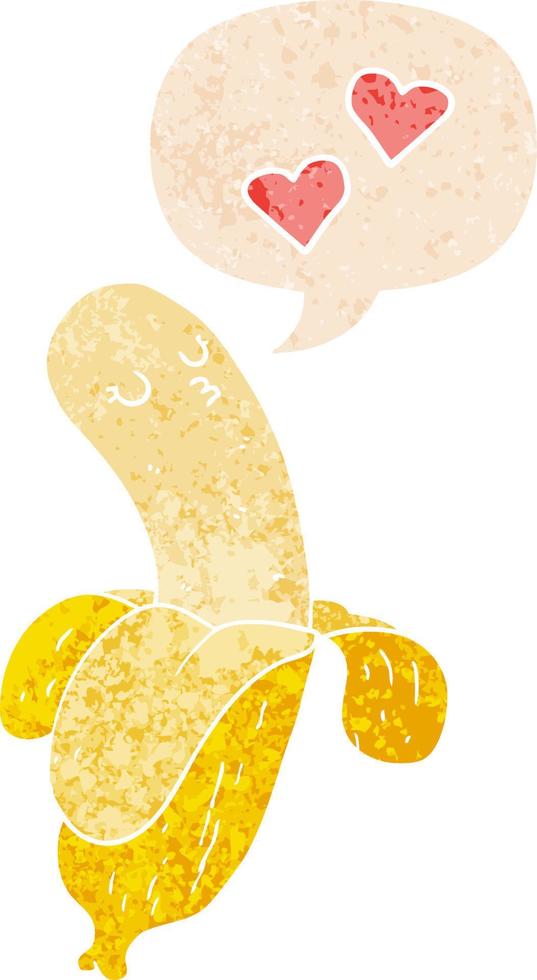 cartoon banana in love and speech bubble in retro textured style vector