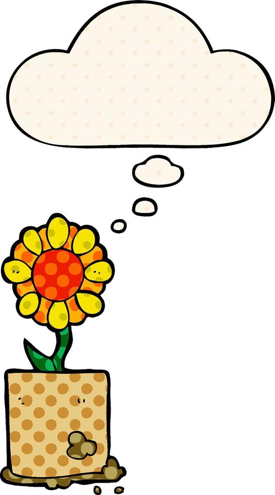 cartoon flower and thought bubble in comic book style vector