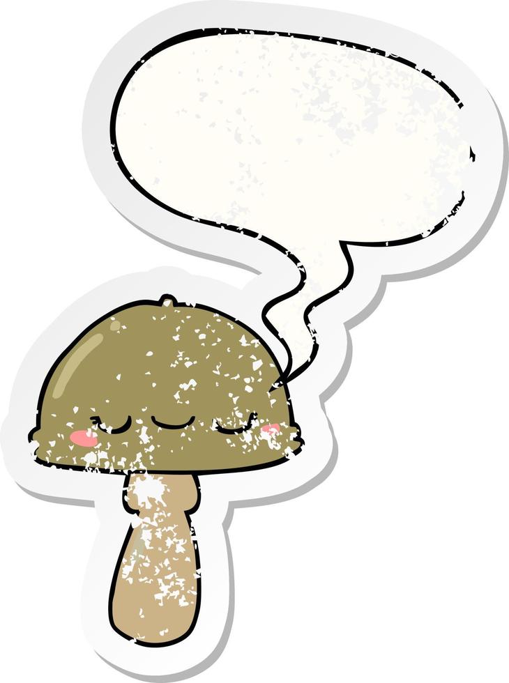 cartoon mushroom and speech bubble distressed sticker vector