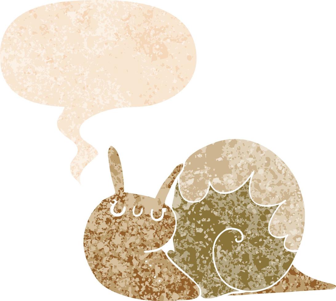 cute cartoon snail and speech bubble in retro textured style vector