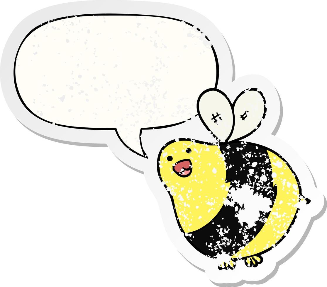 cartoon bee and speech bubble distressed sticker vector