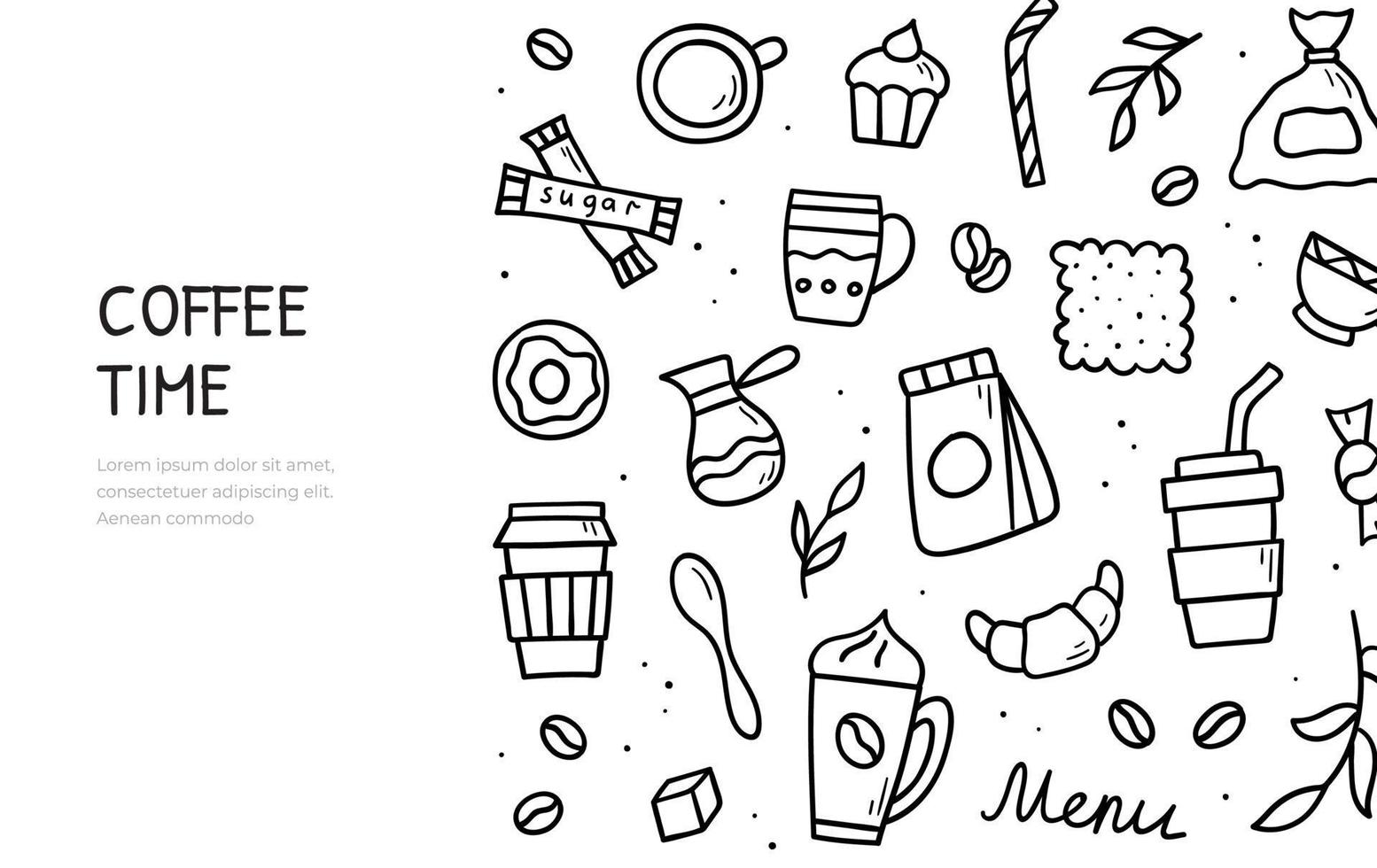 conjunto de garabatos de café dibujados a mano. símbolos y objetos vectoriales. plantilla de banner horizontal. ilustración de estilo de boceto. vector