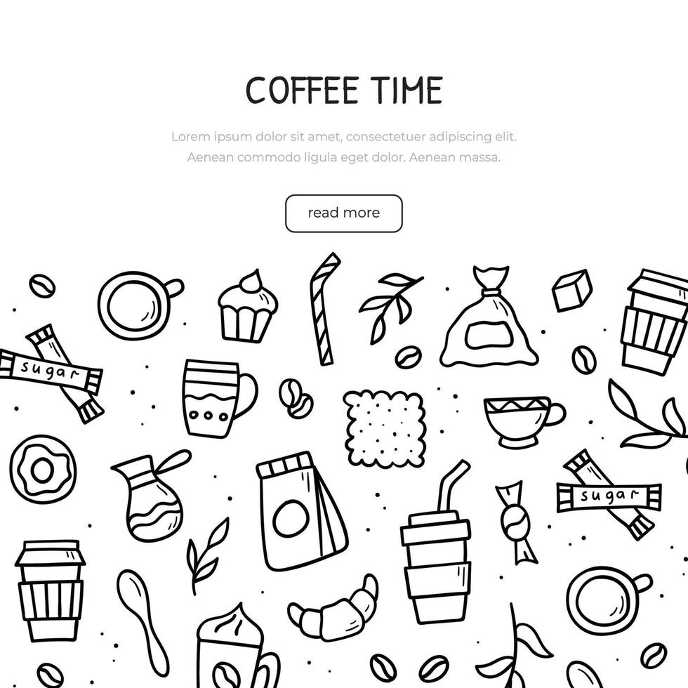 conjunto de garabatos dibujados a mano de artículos temáticos de café. plantilla de banner. ilustración de estilo de boceto. vector