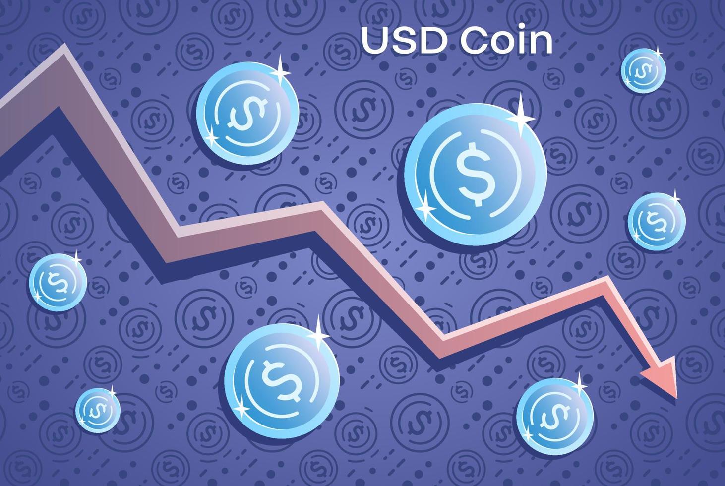 Stablecoin crash crisis. Cryptocurrency coin symbol and down arrow. Vector illustration.