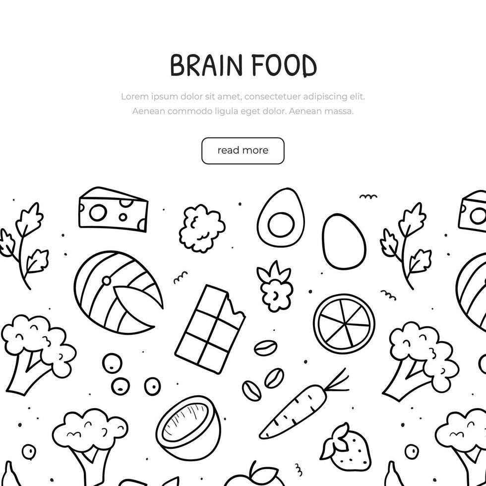 Hand drawn doodle of brain food theme. Banner template. Sketch style illustration. vector