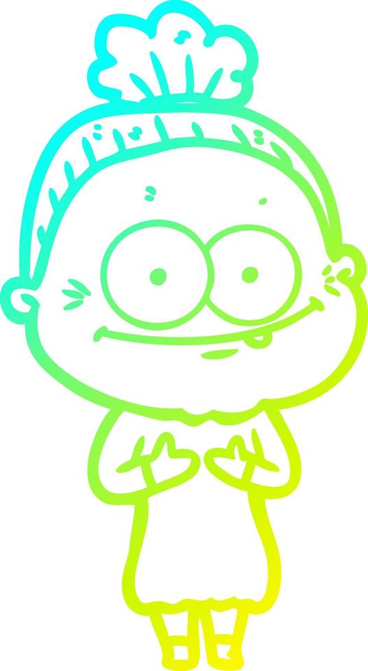 cold gradient line drawing cartoon happy old woman vector