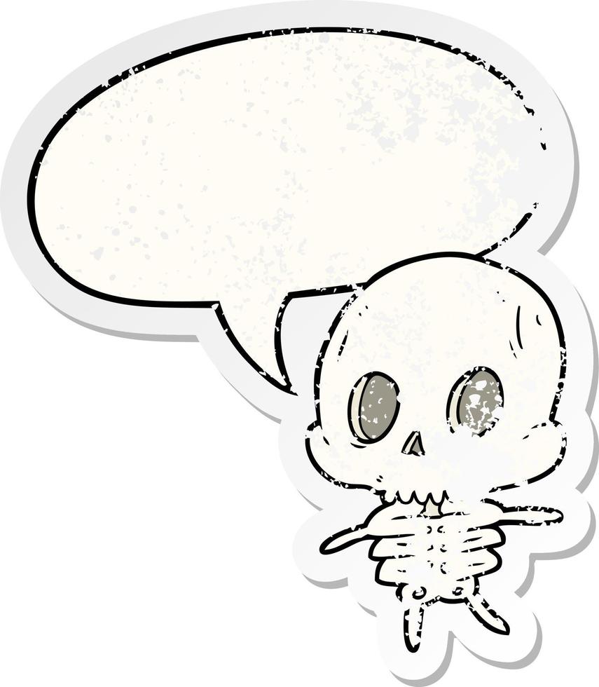 cute cartoon skeleton and speech bubble distressed sticker vector