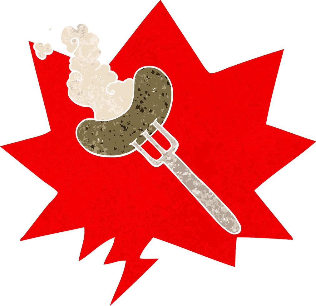 cartoon sausage on fork and speech bubble in retro textured style vector