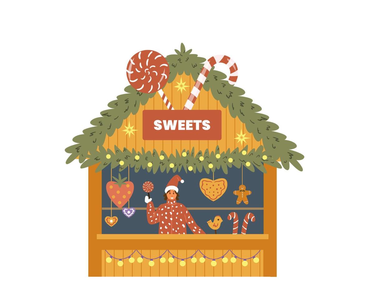 tienda de dulces de feria de navidad con ilustración de vector plano de vendedor. pan de jengibre y dulces. aislado en blanco