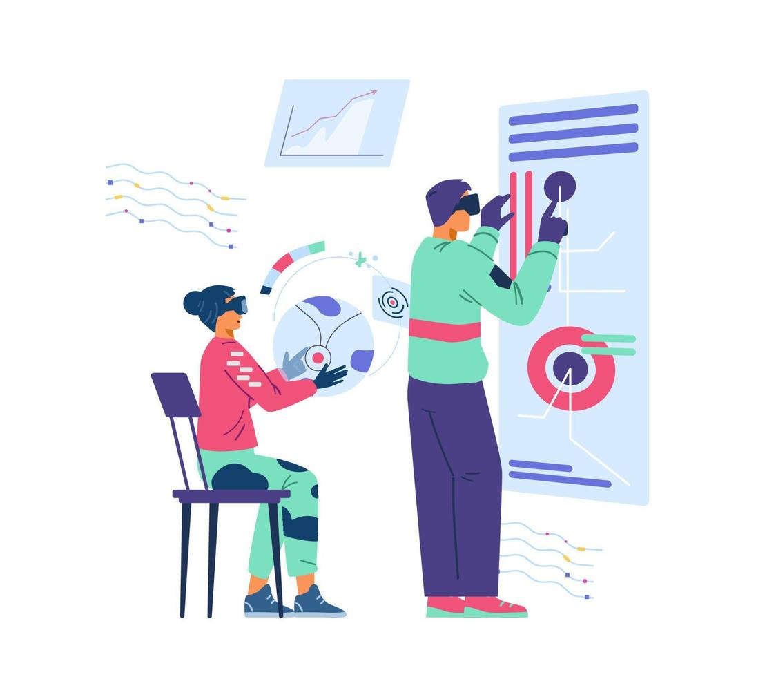 Man and woman in VR headsets and gloves working together in cyberspace flat vector illustration.