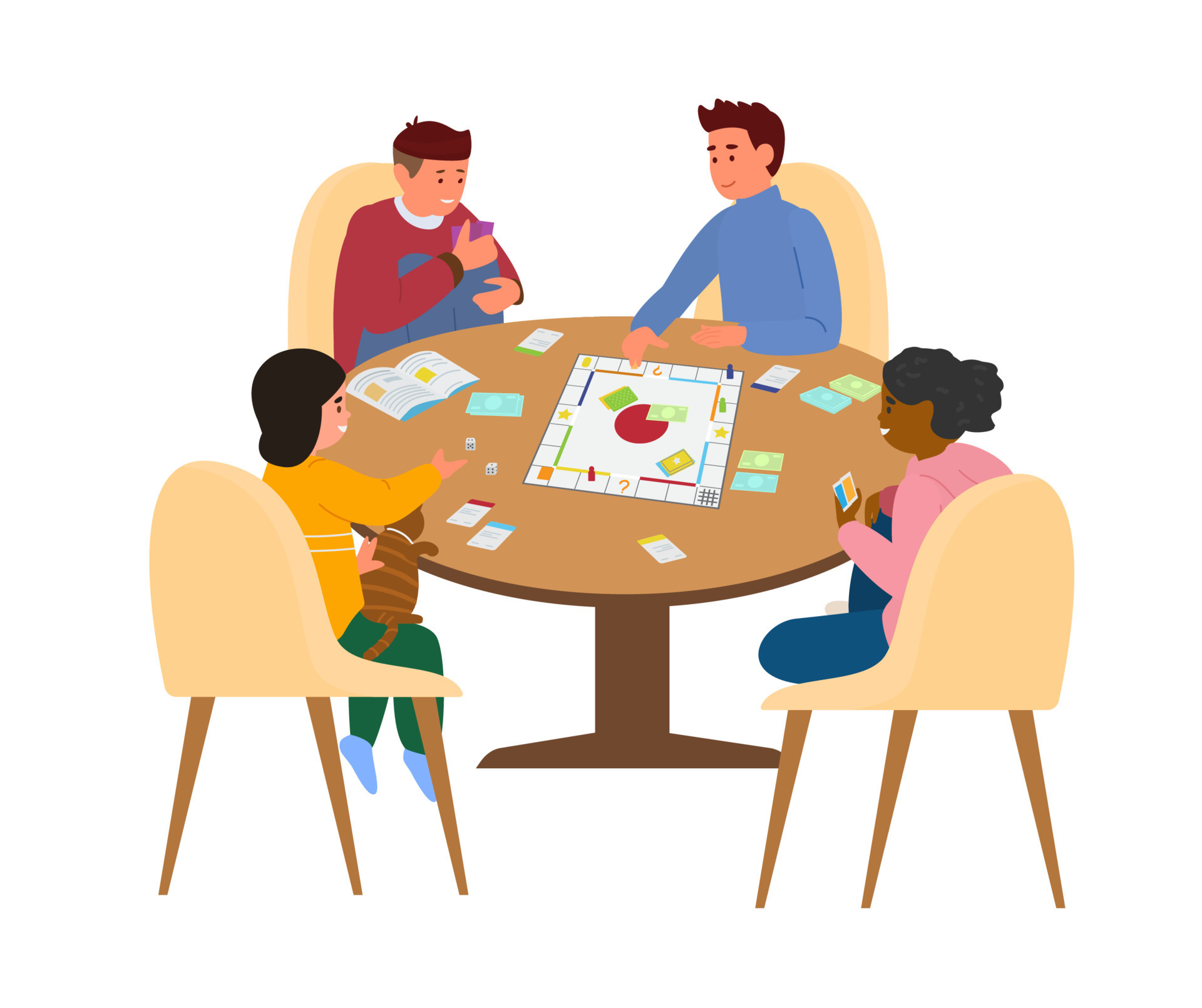 Kids Playing Board Game At Table Vector Illustration. Isolated On White