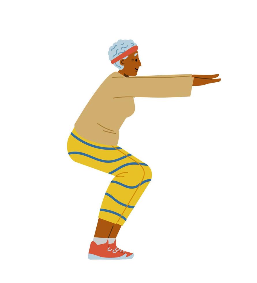 African american senior woman doing exercises flat vector illustration. Elderly woman squatting.