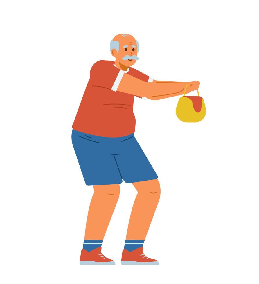 Senior man doing exercises flat vector illustration. Elderly man squatting with weight.