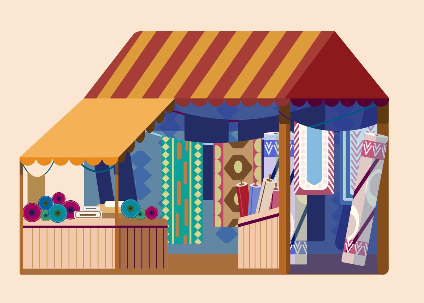 Fabric street store with lots of carpets. Trade fair. Flat vector illustration.