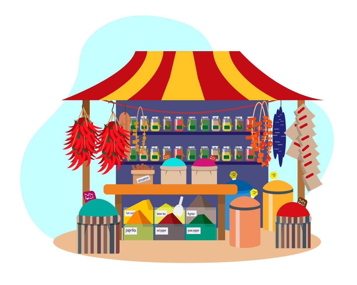 Street spice shop with different spices. Trade fair.  Chili pepper, dried fruits, cinnamon. Flat vector illustration.