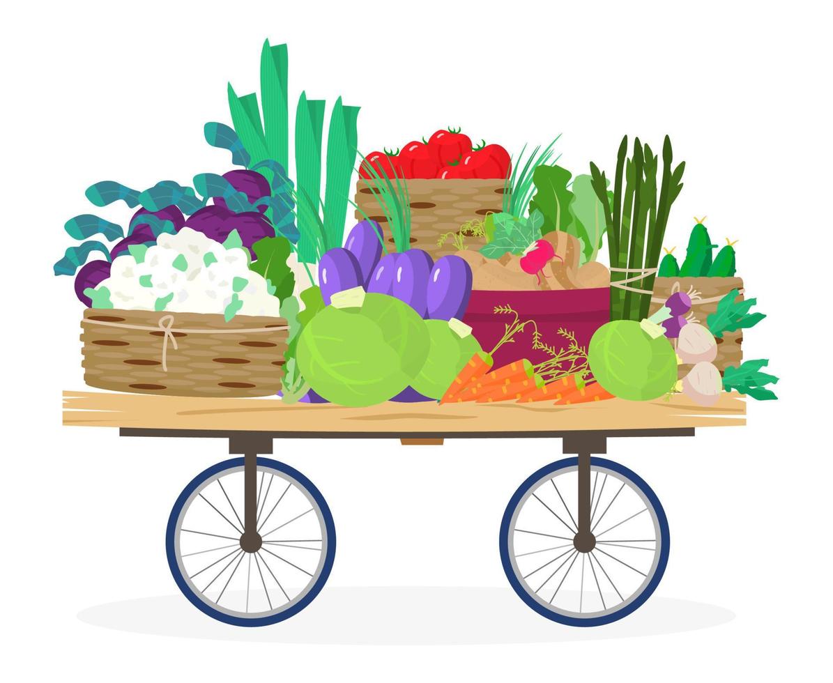 Exotic street market stall with vegetables. Wooden cart with vegetables. Isolated on white. Flat vector illustration.