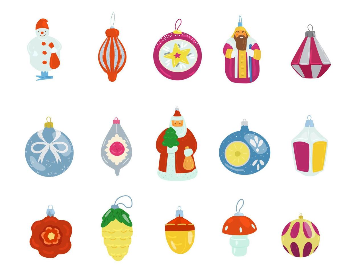 colección de vectores de juguetes de Navidad de vidrio retro. bolas, santa, sultán, muñeco de nieve, etc. aislado en blanco.