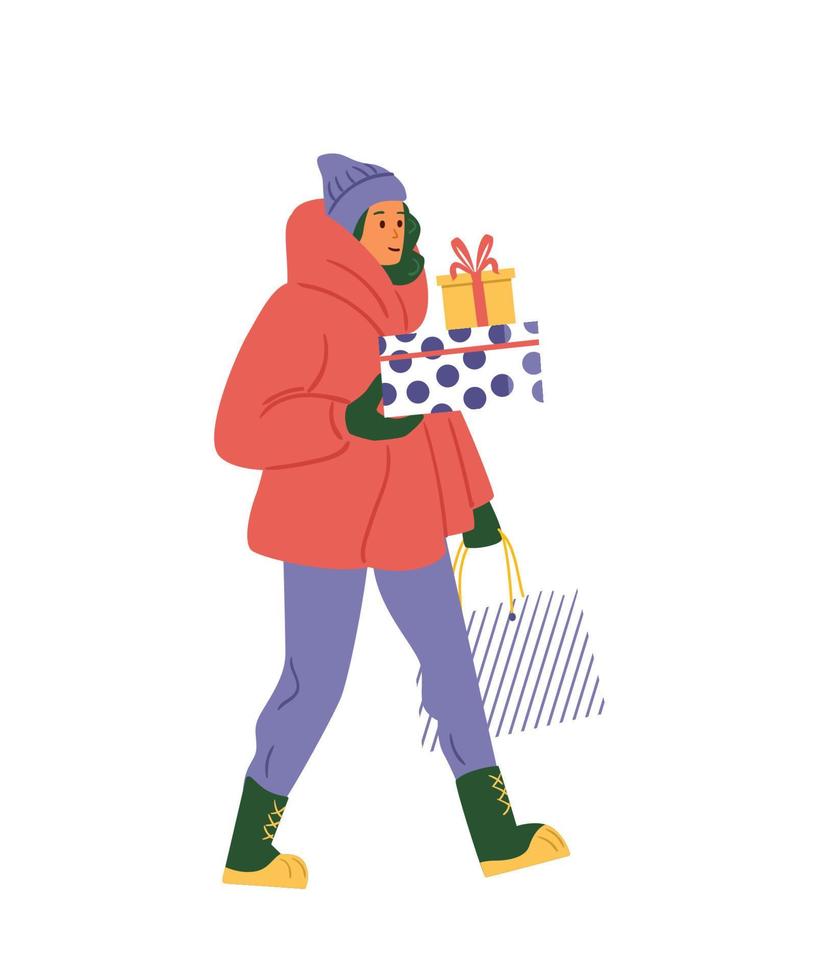 mujer en ropa de invierno sosteniendo cajas de regalos de navidad ilustración vectorial. aislado en blanco vector