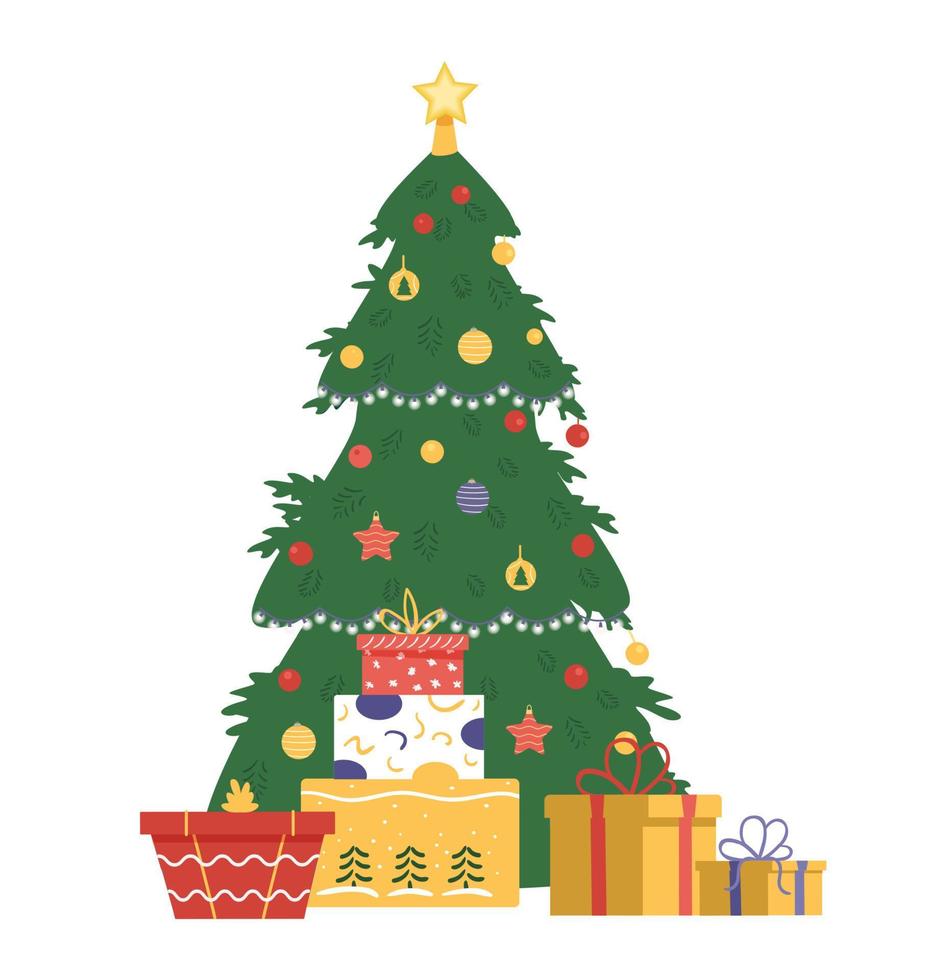 árbol de navidad decorado con cajas de regalo ilustración vectorial plana. aislado en blanco vector