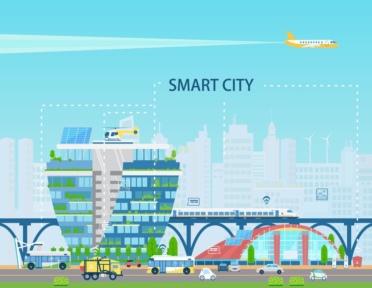 Smart city landscape with modern buildings, bullet train, electro buses and cars, sunbatteries, network of things, icons. City of future concept. Flat vector illustration.