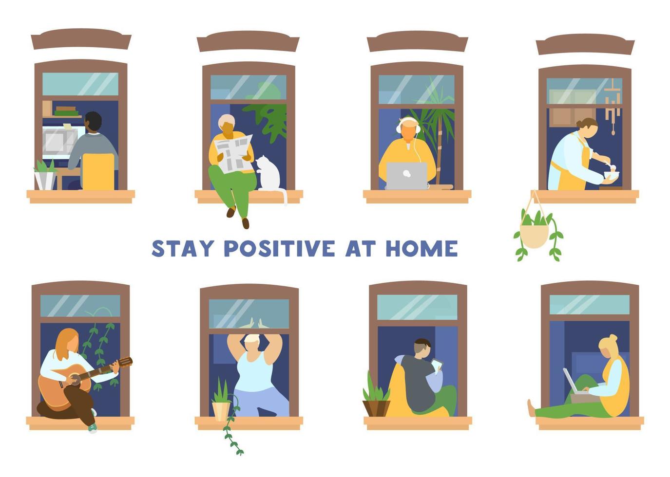 Set of people in windows doing different activities. Studying, reading paper, working, cooking, playing guitar, doing yoga. People staying home. Flat vector illustration.