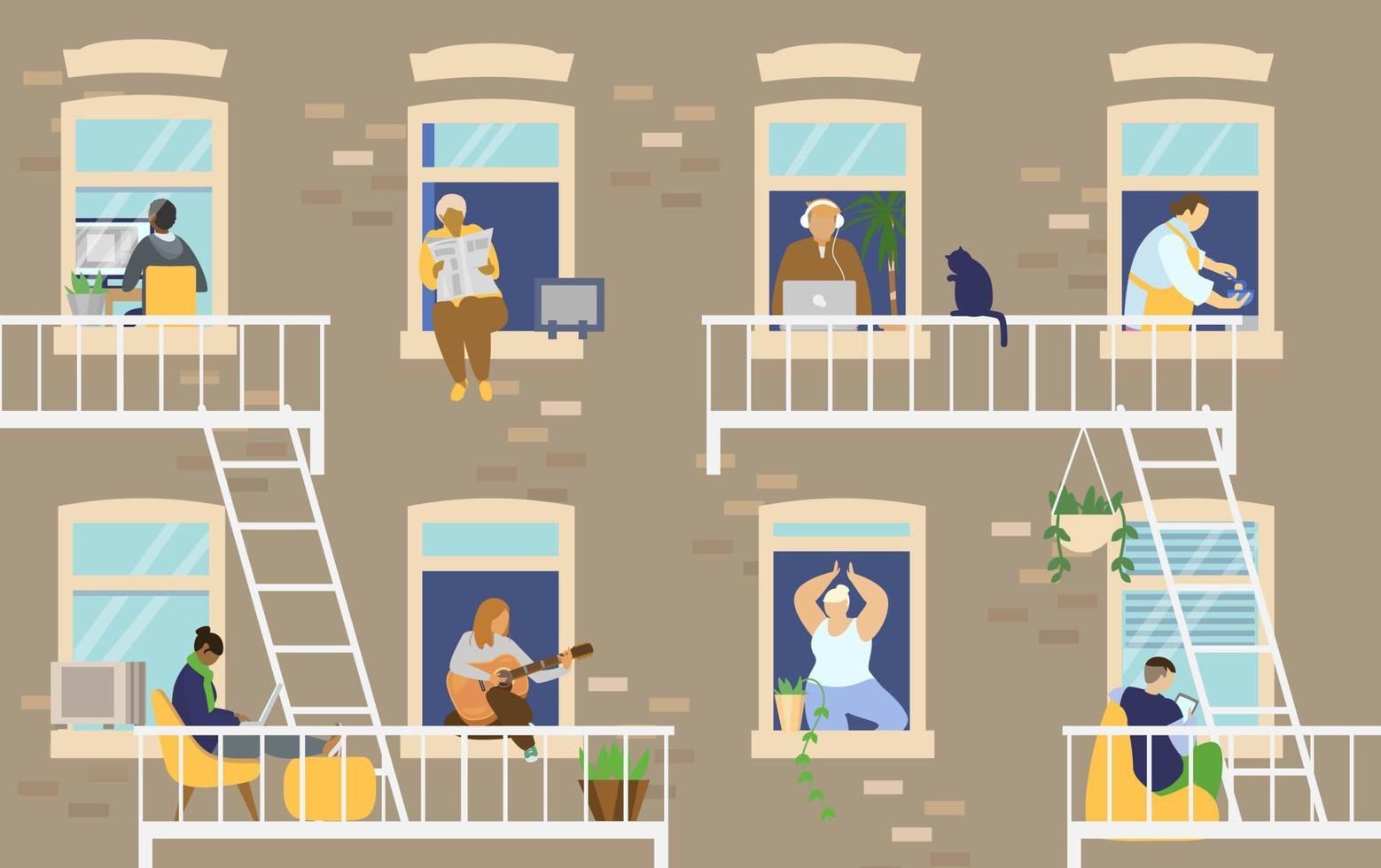 House exterior with people in windows and balconies staying at home. Flat vector illustration.