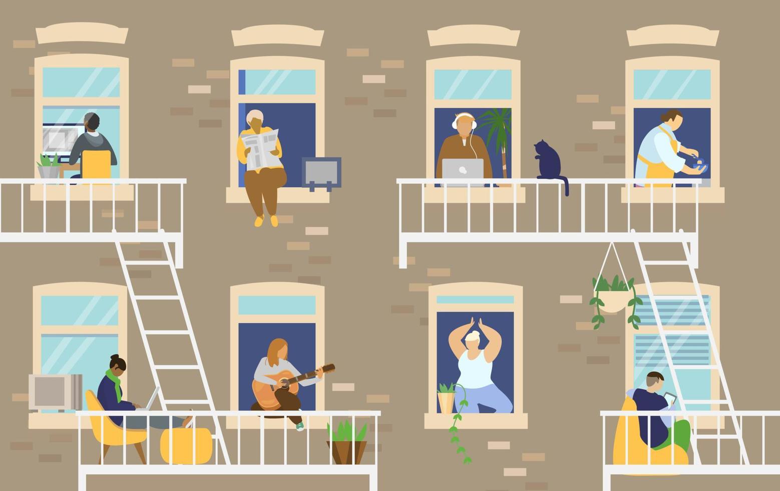 exterior de la casa con personas en ventanas y balcones que se quedan en casa. ilustración vectorial plana. vector