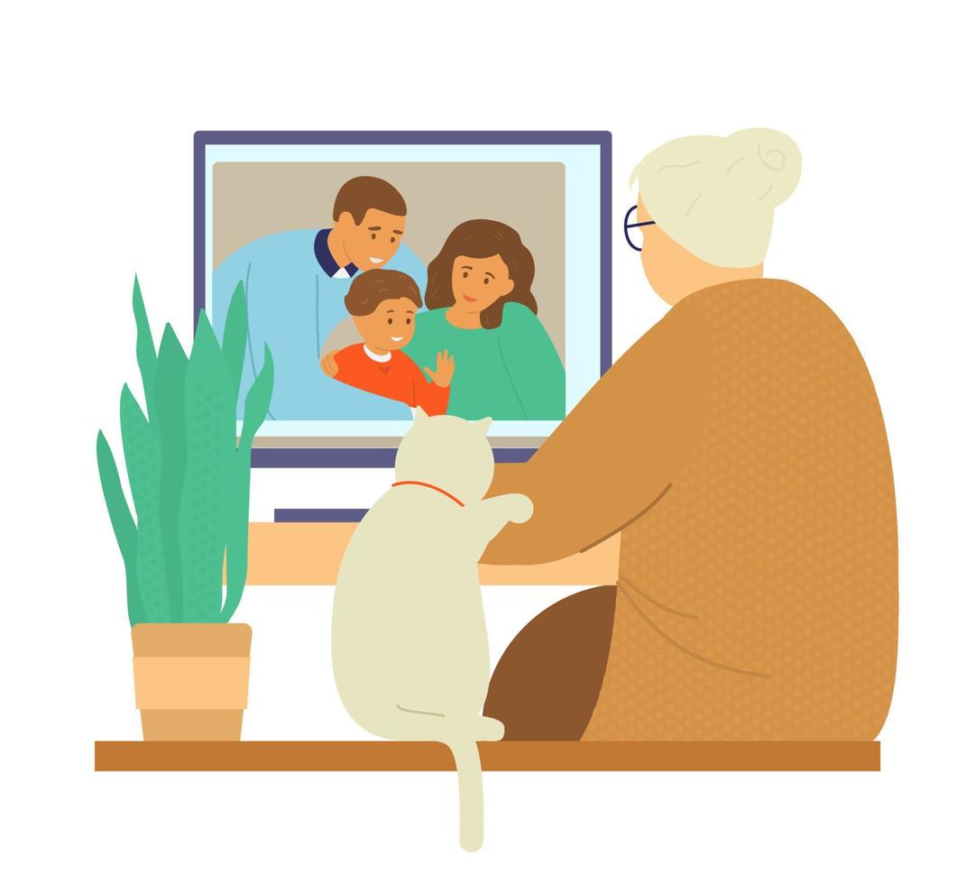 videochat familiar. la abuela habla con la familia de su hija por videollamada. comunicación en línea. ilustración vectorial plana. vector
