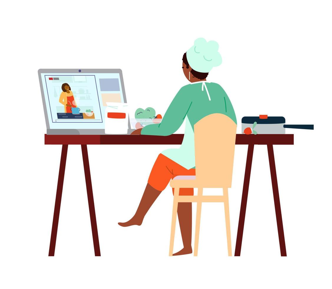 Afroamerican Woman In Chef Hat And Apron Watching Cooking Class Online On Laptop. How-to guides Video. Flat Vector Illustration. Isolated On White.