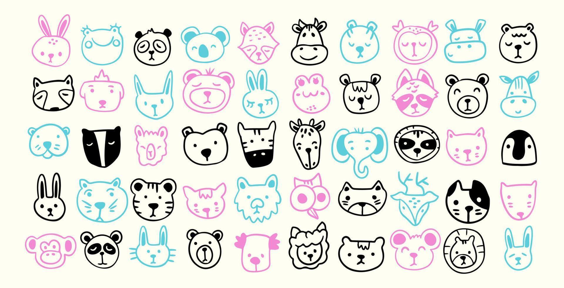 Hand drawn animal doodle avatar icon. Isolated vector collection