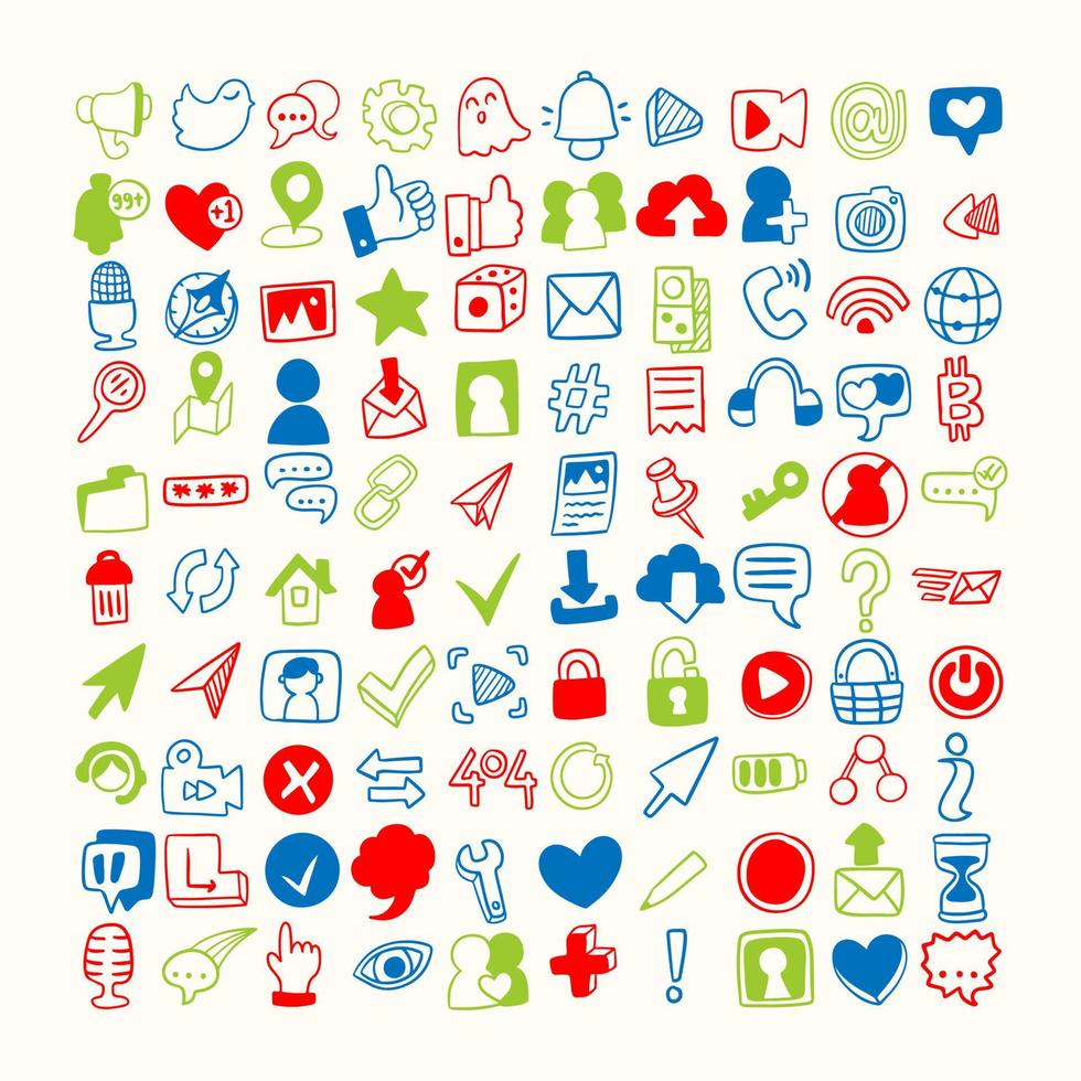 Doodle internet icon and shape. Handdrawn upload, download isolated vector social media set collection