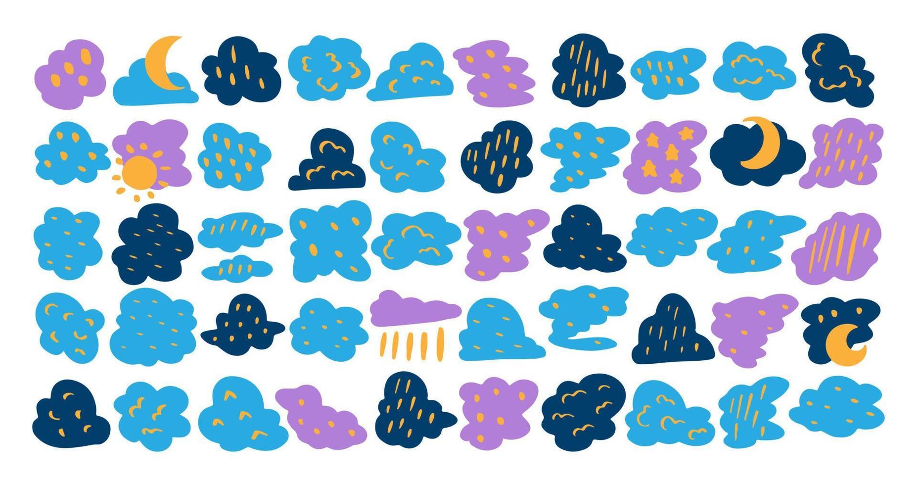 Abstract cloud collection. Rain, sun, moon vector collection set