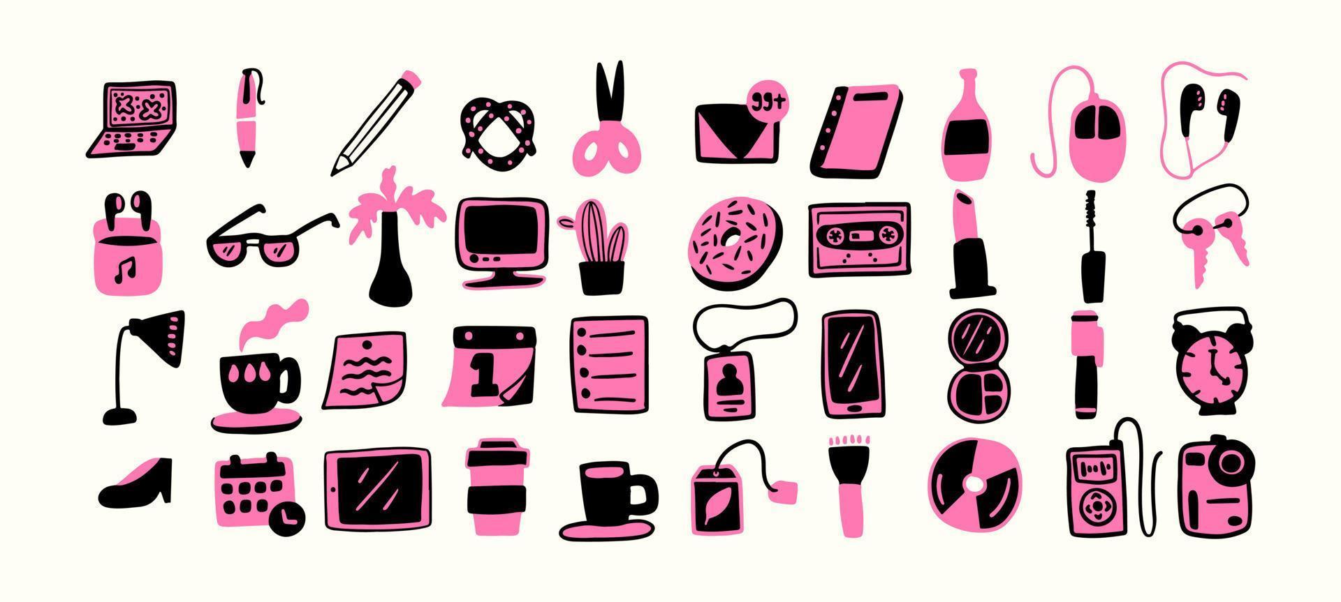 Doodle feminine office icon shape. Handdrawn vector big collection shape.