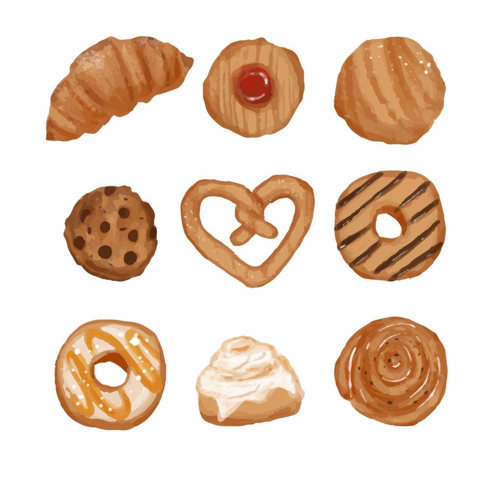 Watercolor pastry food. Doughnut, cuisine, croissant, cookie, cake, bread. Isolated vector collection