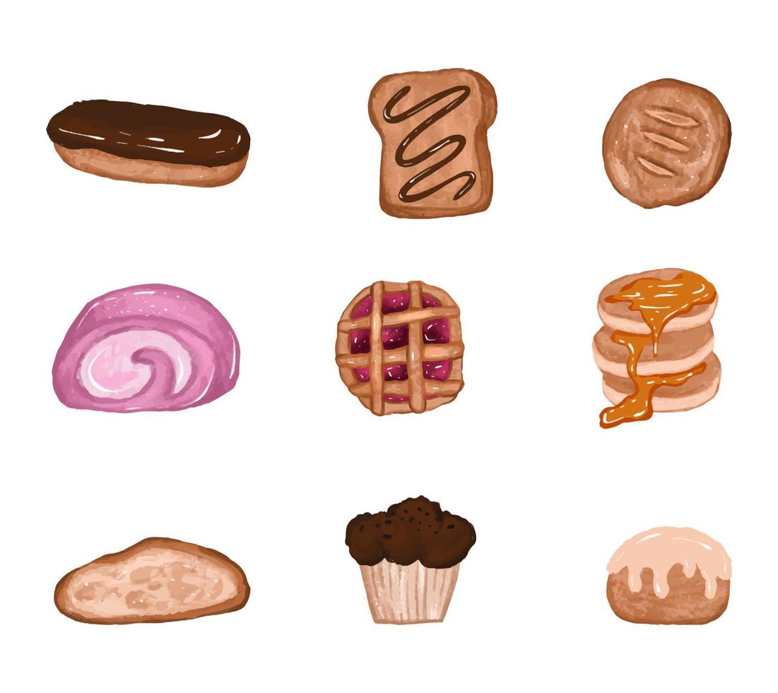 Cuisine dessert handdrawn watercolor vector collection set. Cupcakes, fruit pie, bread, pastry vector
