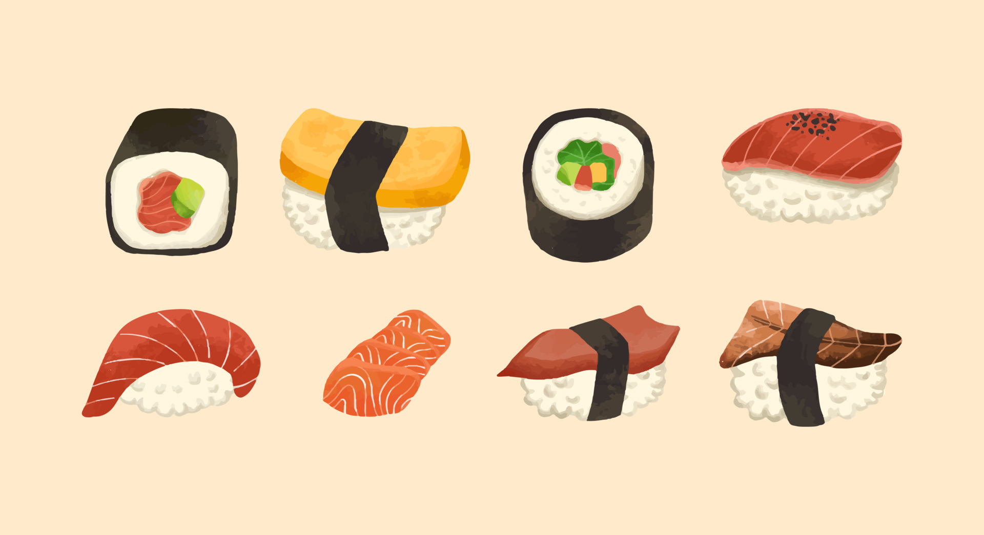 Water color handdrawn sushi food. Isolated vector set collection ...